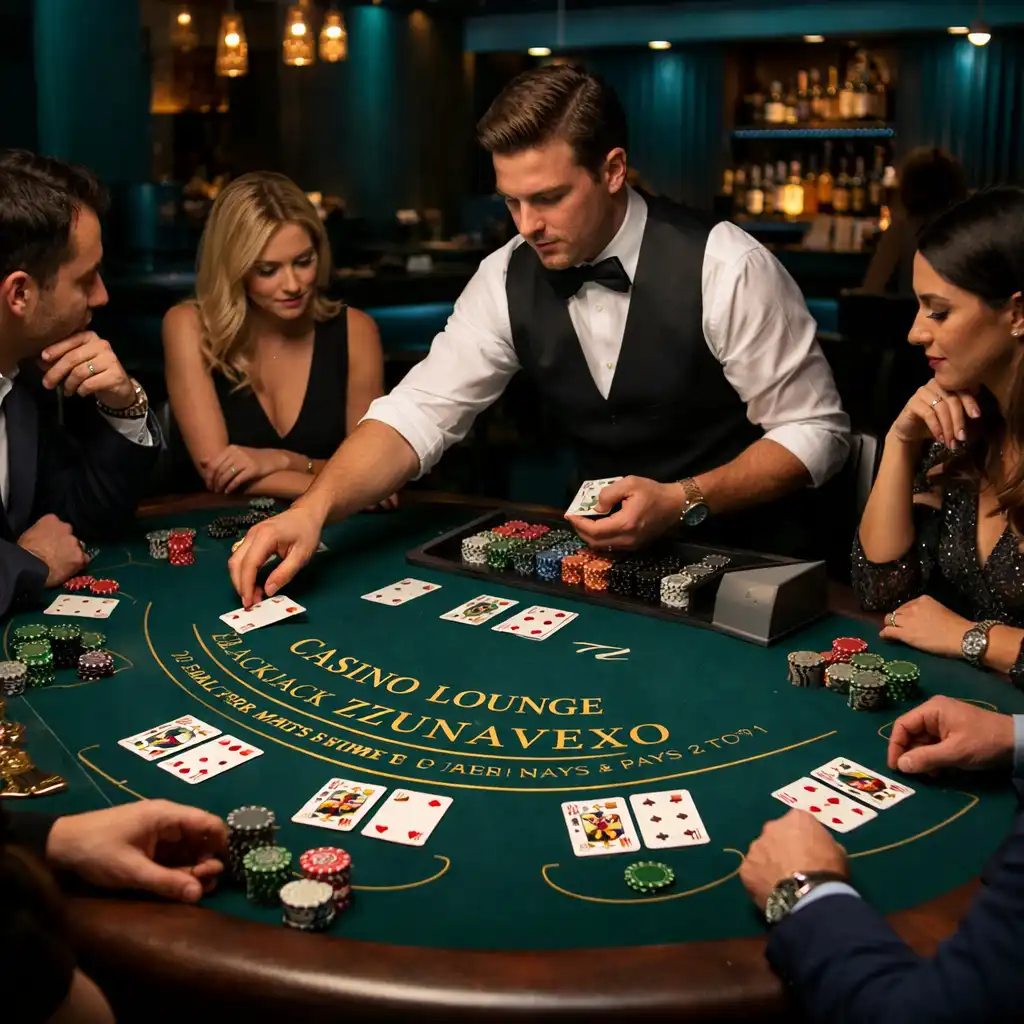 Stół blackjack w Casino Lounge Zunavexo z kartami i graczami