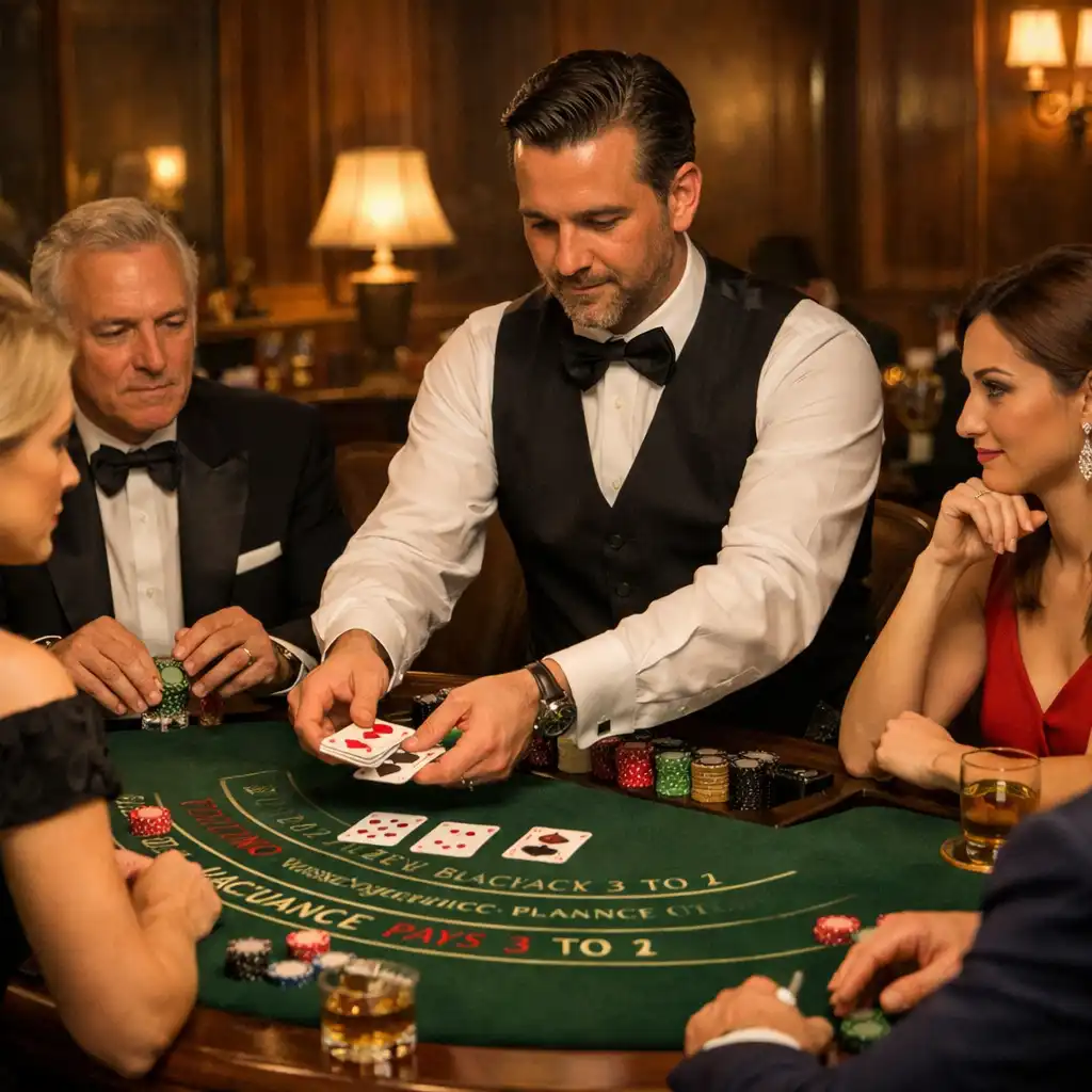 Eleganccy goście przy stole blackjack w kameralnym wnętrzu Zunavexo