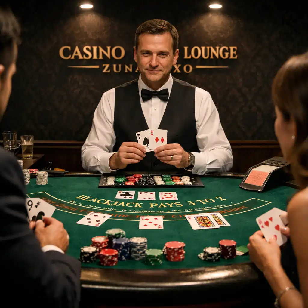 Stół do blackjacka z graczami i krupierem w Casino Lounge Zunavexo