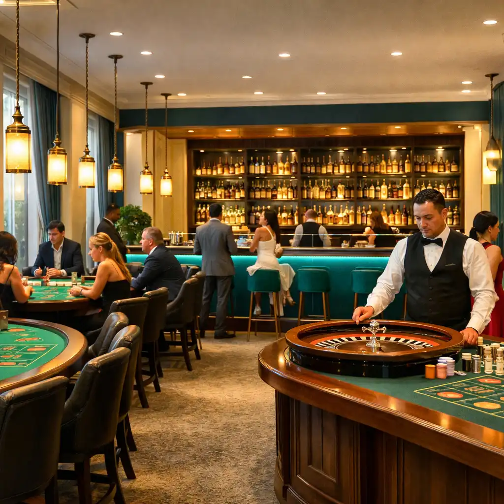 Widok wnętrza Casino Lounge z rzędem stołów do blackjacka, stołem do ruletki i barem z turkusowym blatem