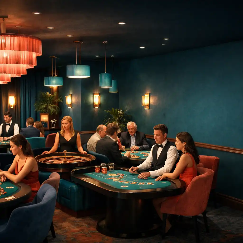 Casino Lounge Zunavexo z fizycznymi stołami do pokera, ruletki i blackjacka oraz grającymi gośćmi