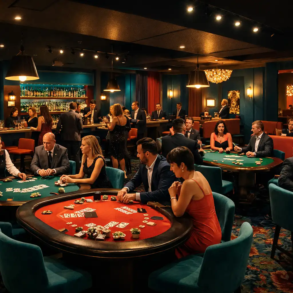 Panoramiczne ujęcie Casino Lounge z kilkoma stołami pokerowymi i gośćmi