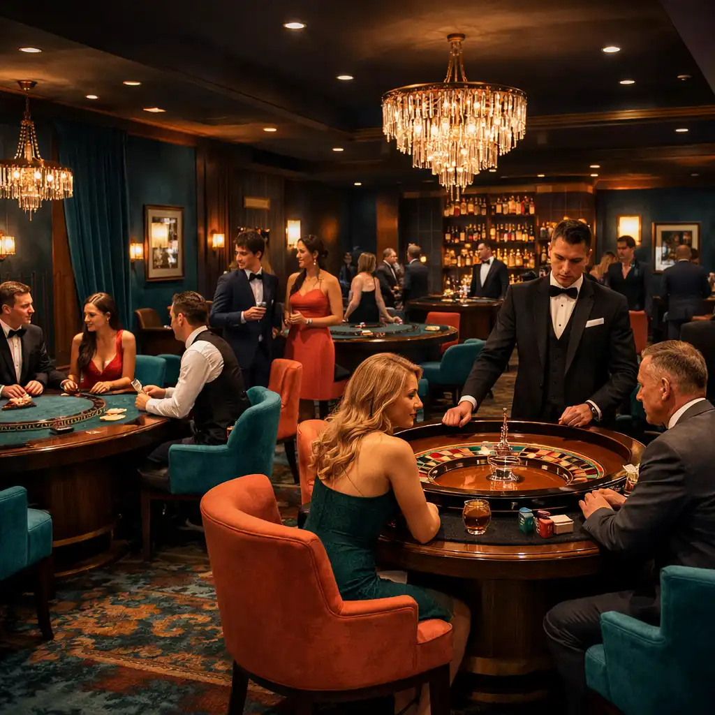 Eleganckie wnętrze Casino Lounge Zunavexo ze stołami do gry i gośćmi