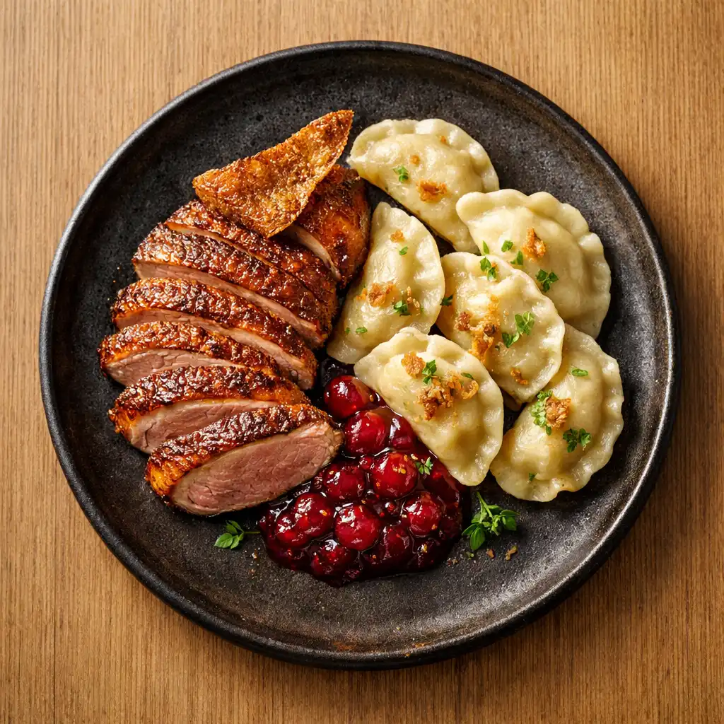 Pieczona kaczka z domowymi pierogami, sosem żurawinowym i chipsem ze skórki