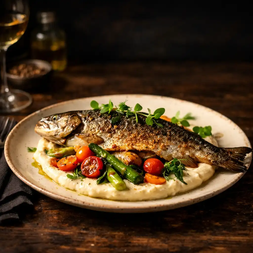 Elegancko podane danie główne na ciemnym stole w restauracji Zunavexo