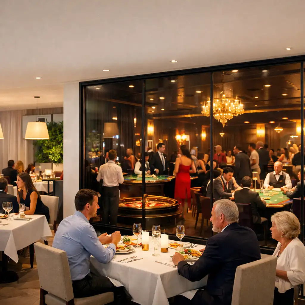Elegancka restauracja Zunavexo z widokiem na Casino Lounge za szklaną przegrodą