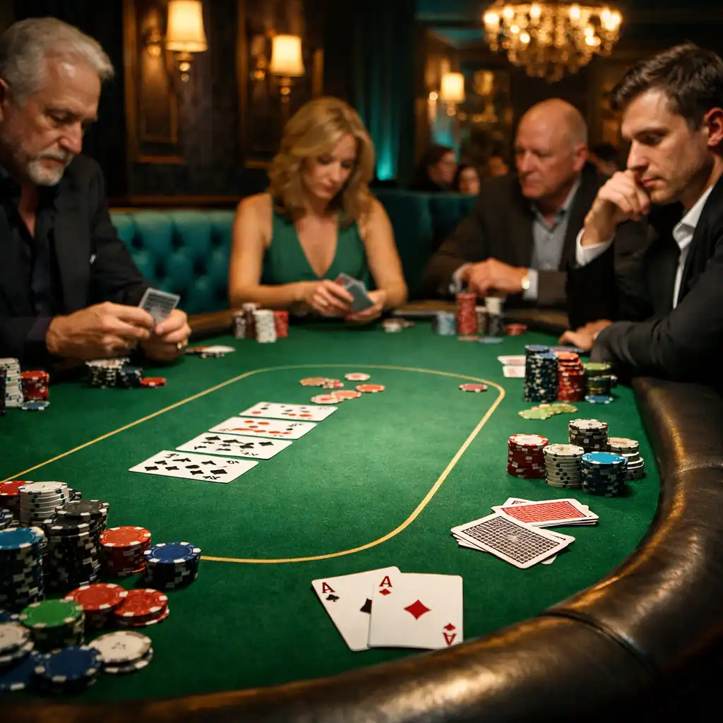 Stół pokerowy w Casino Lounge Zunavexo z kartami i żetonami