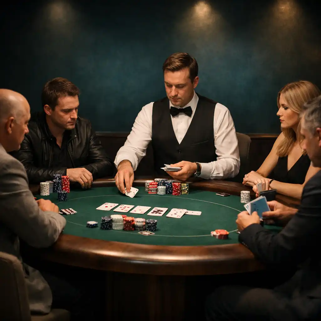 Stół pokerowy z graczami i krupierem w Casino Lounge Zunavexo