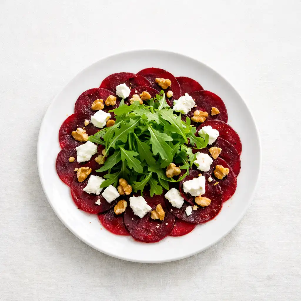 Carpaccio z buraka z kozim serem, orzechami i rukolą