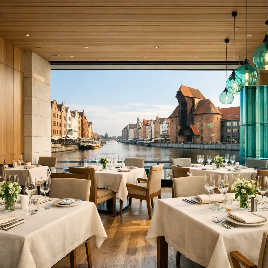 Eleganckie wnętrze restauracji Zunavexo z widokiem na Motławę, jasne drewno i turkusowe akcenty