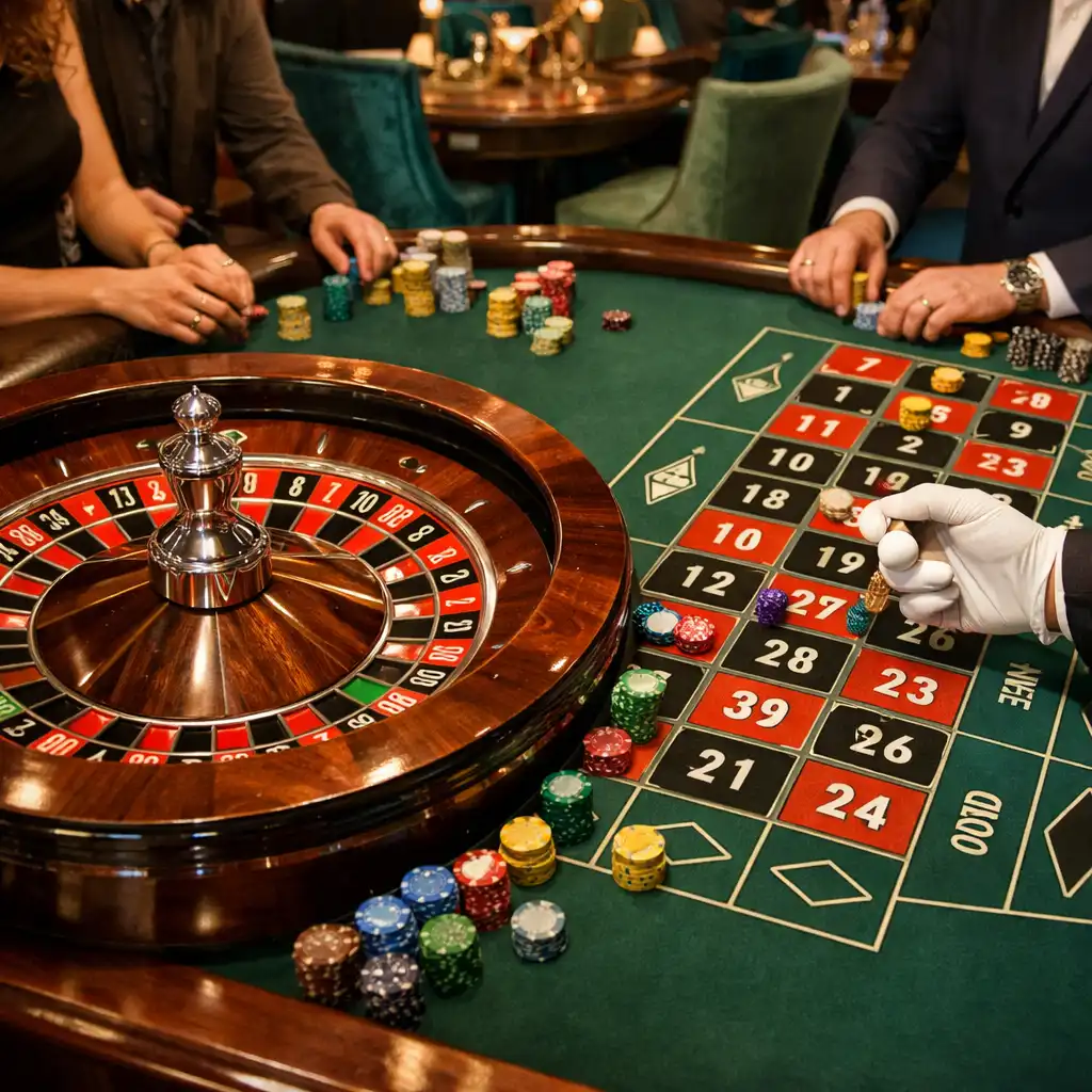 Stół do ruletki z kołem i krupierem w Casino Lounge Zunavexo