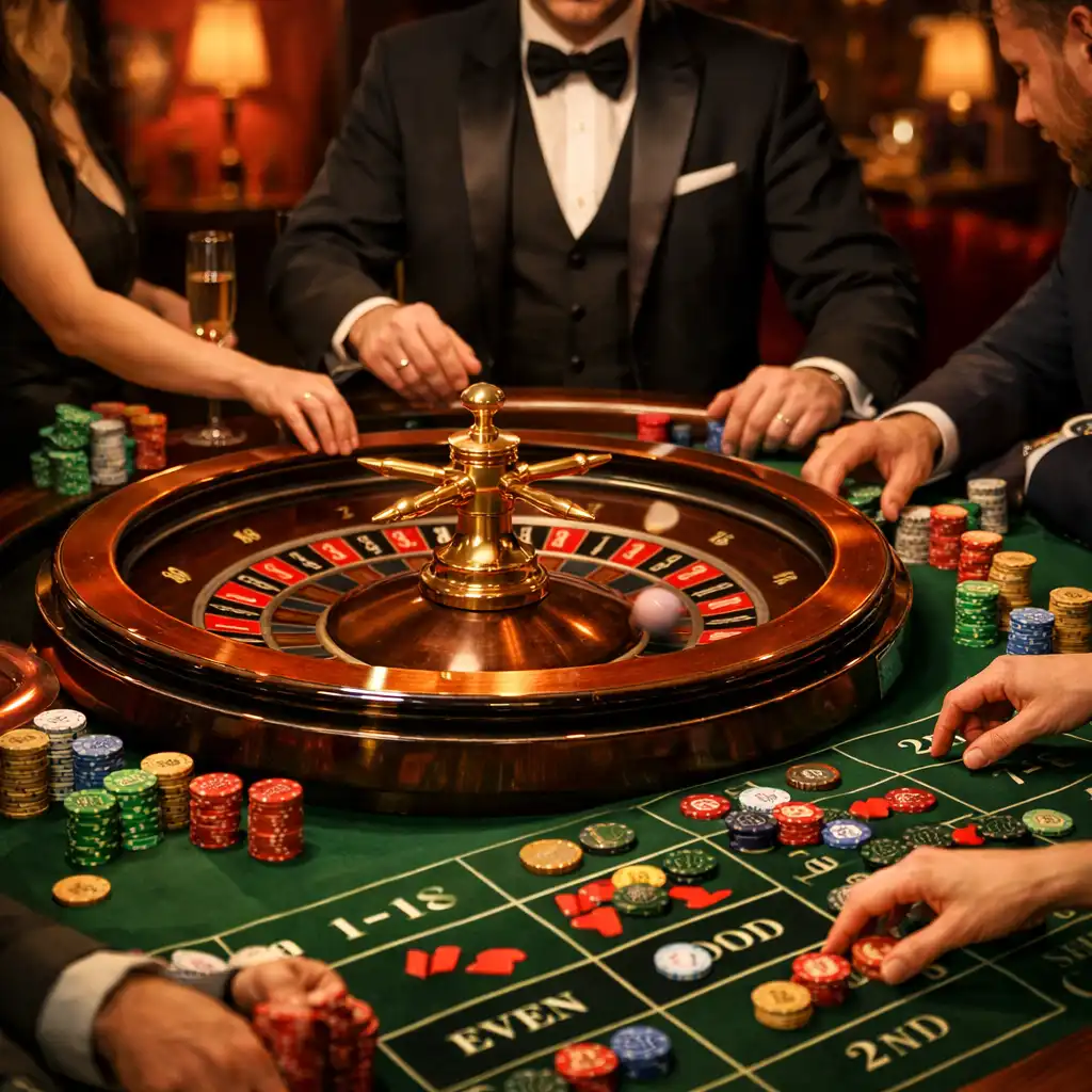 Stół do ruletki w eleganckim Casino Lounge z gośćmi i krupierem