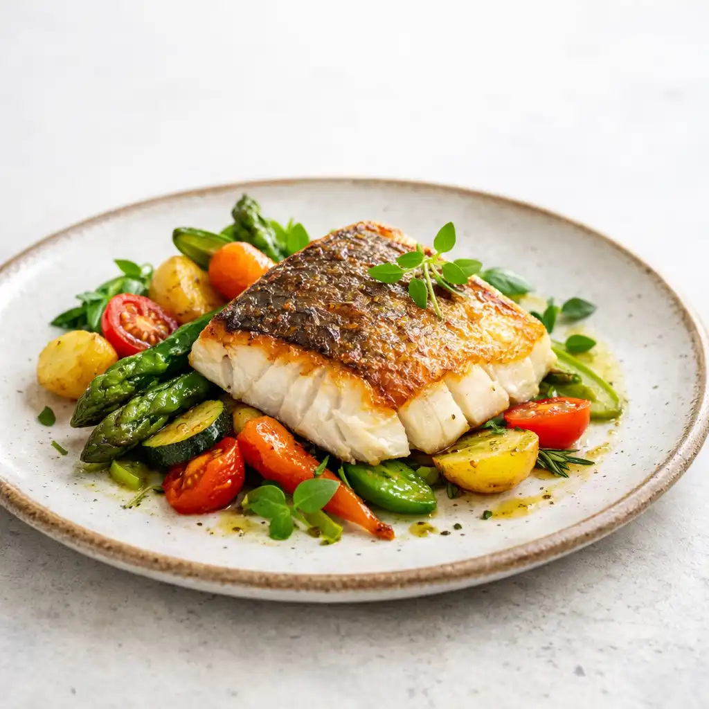 Pieczony filet z ryby z sezonowymi warzywami i ziołami na eleganckim talerzu