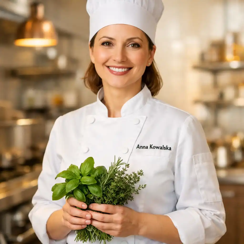Szefowa kuchni Anna Kowalska w eleganckiej kuchni restauracyjnej